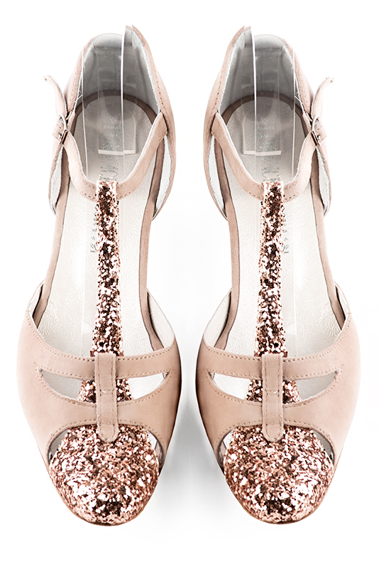 Copper gold and powder pink women's T-strap open side shoes. Round toe. Low comma heels. Top view - Florence KOOIJMAN